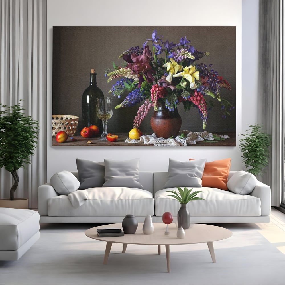 Tablou canvas cu natura statica cu flori si vin, fara rama, pe sasiu de lemn, pe perete intr-un living